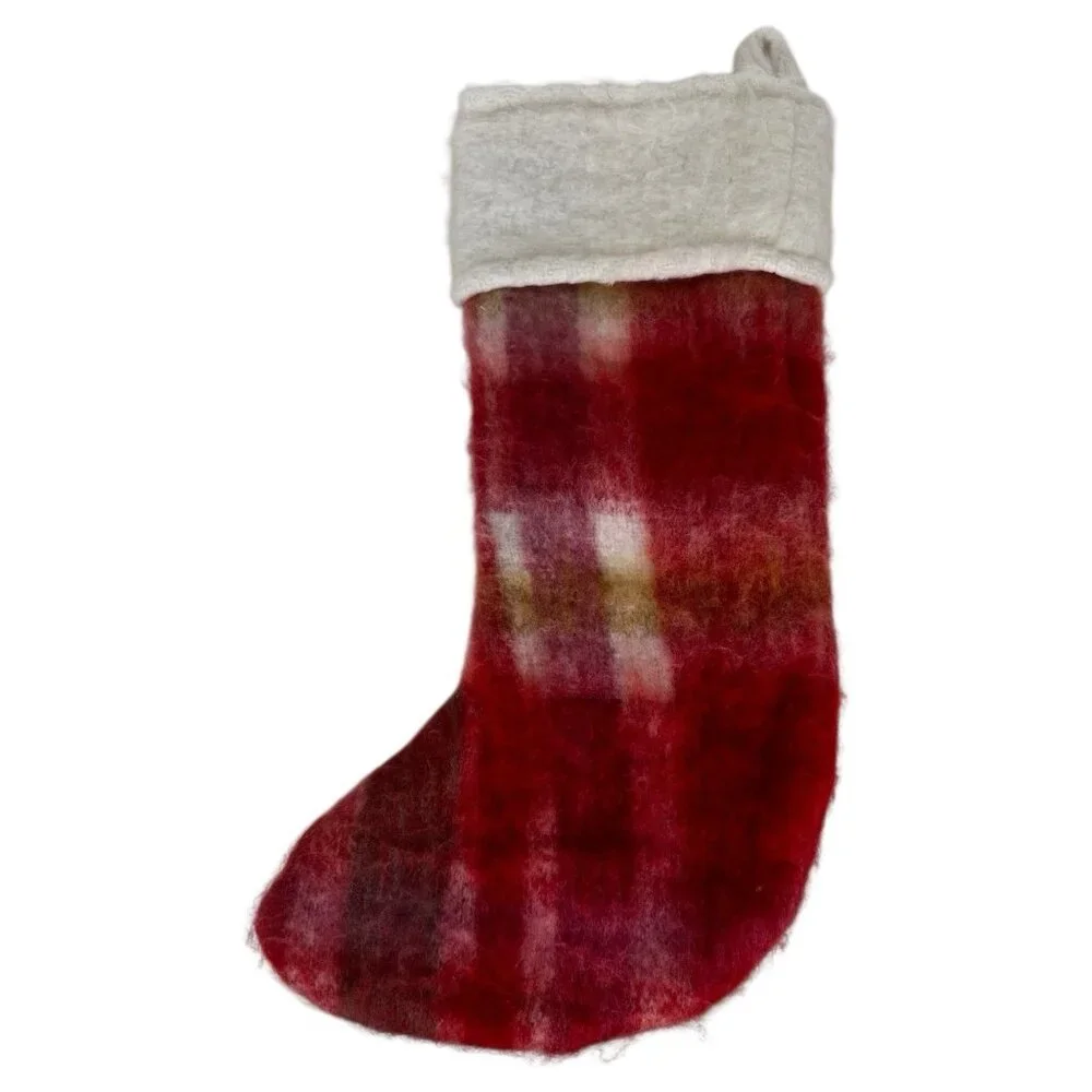 West Elm Christmas Stocking plaid mohair soft christmas holiday cabin boho chic